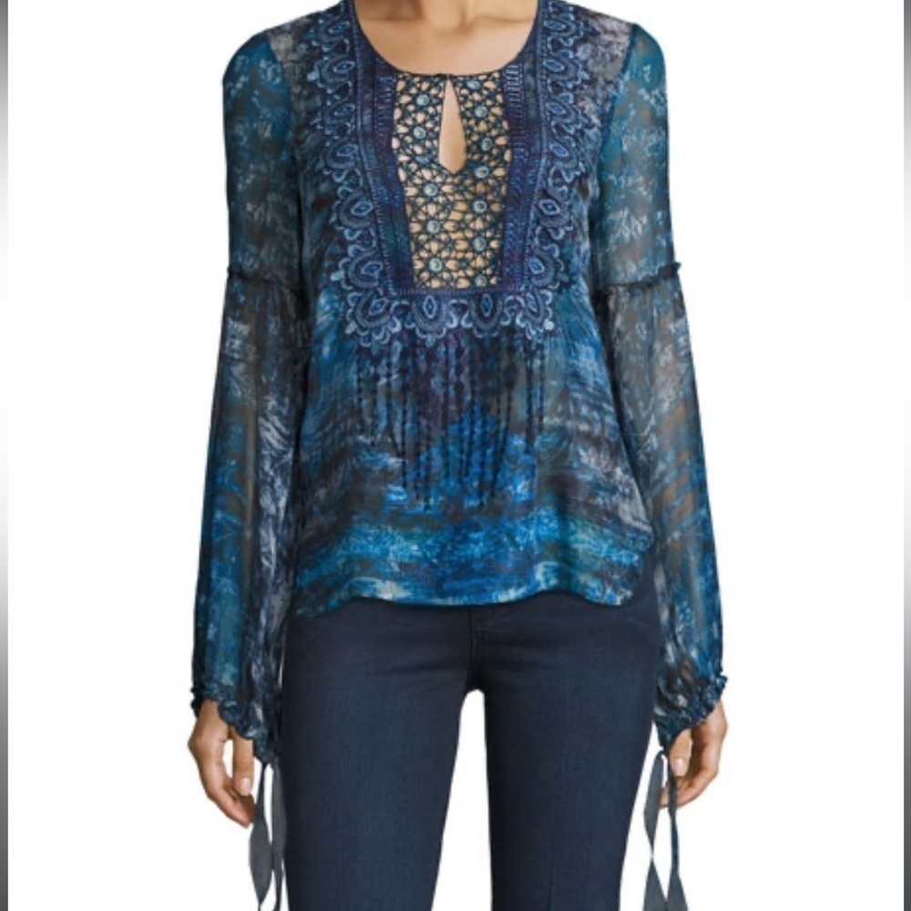 Elie Tahari | Avan Long-Sleeve Lace-Trim Chiffon Blue Blouse | Medium
